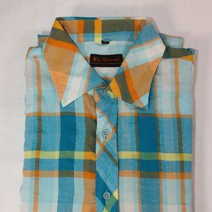 Ben Sherman Colorful Blue Apricot Retro Block Plaid Button Down Shirt L long slv